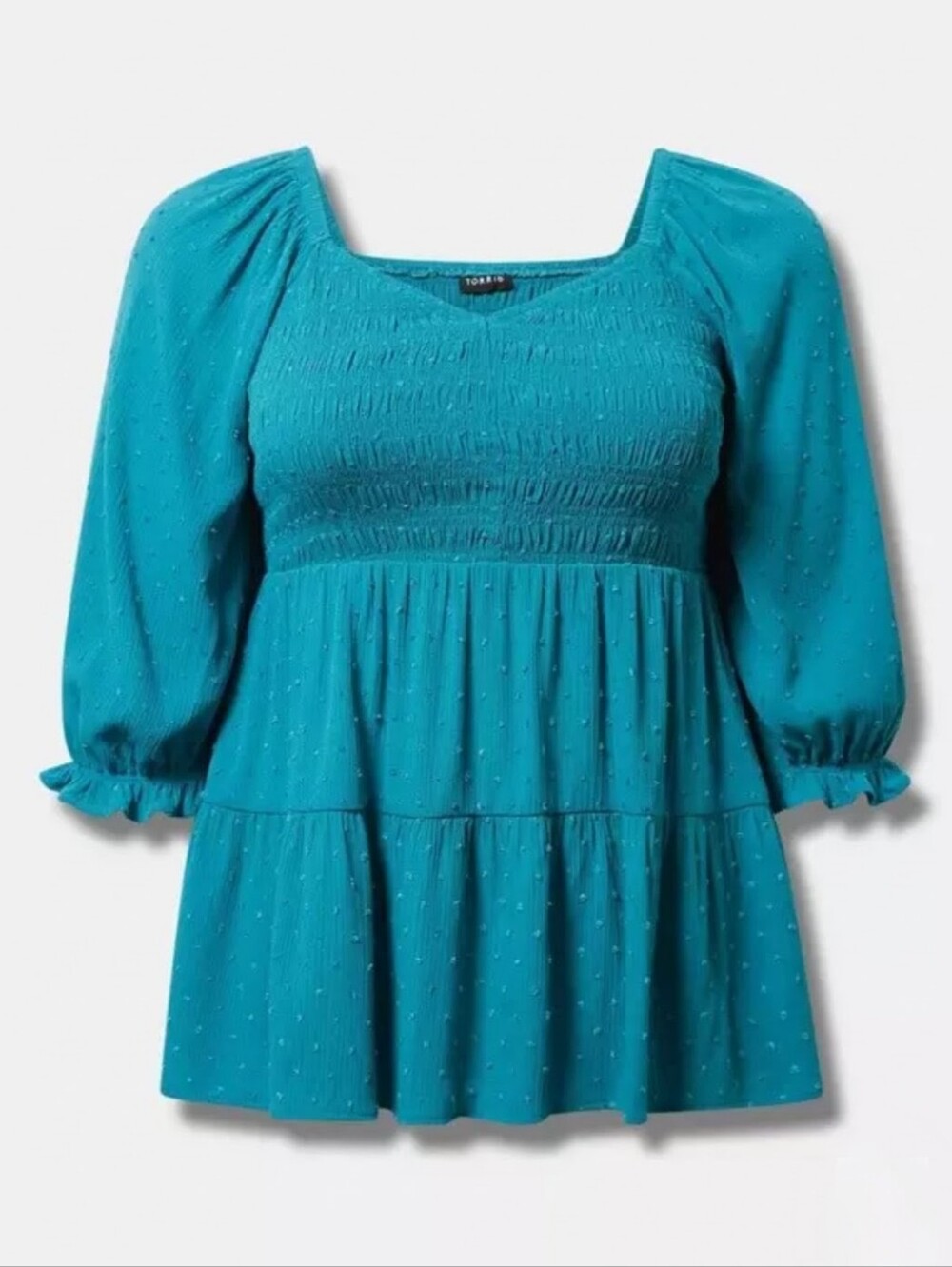 Torrid Plus Crinkle Gauze Smoked 3/4 Blouson Tiered Sweetheart Top Biscay Bay 1X - Picture 5 of 15